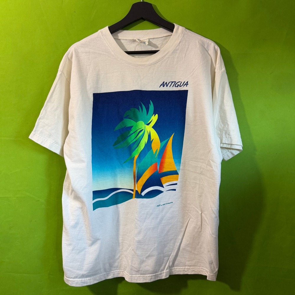 Vintage Antigua Tropical Sailboat Ocean Beach Graphic T-Shirt Mens XL White